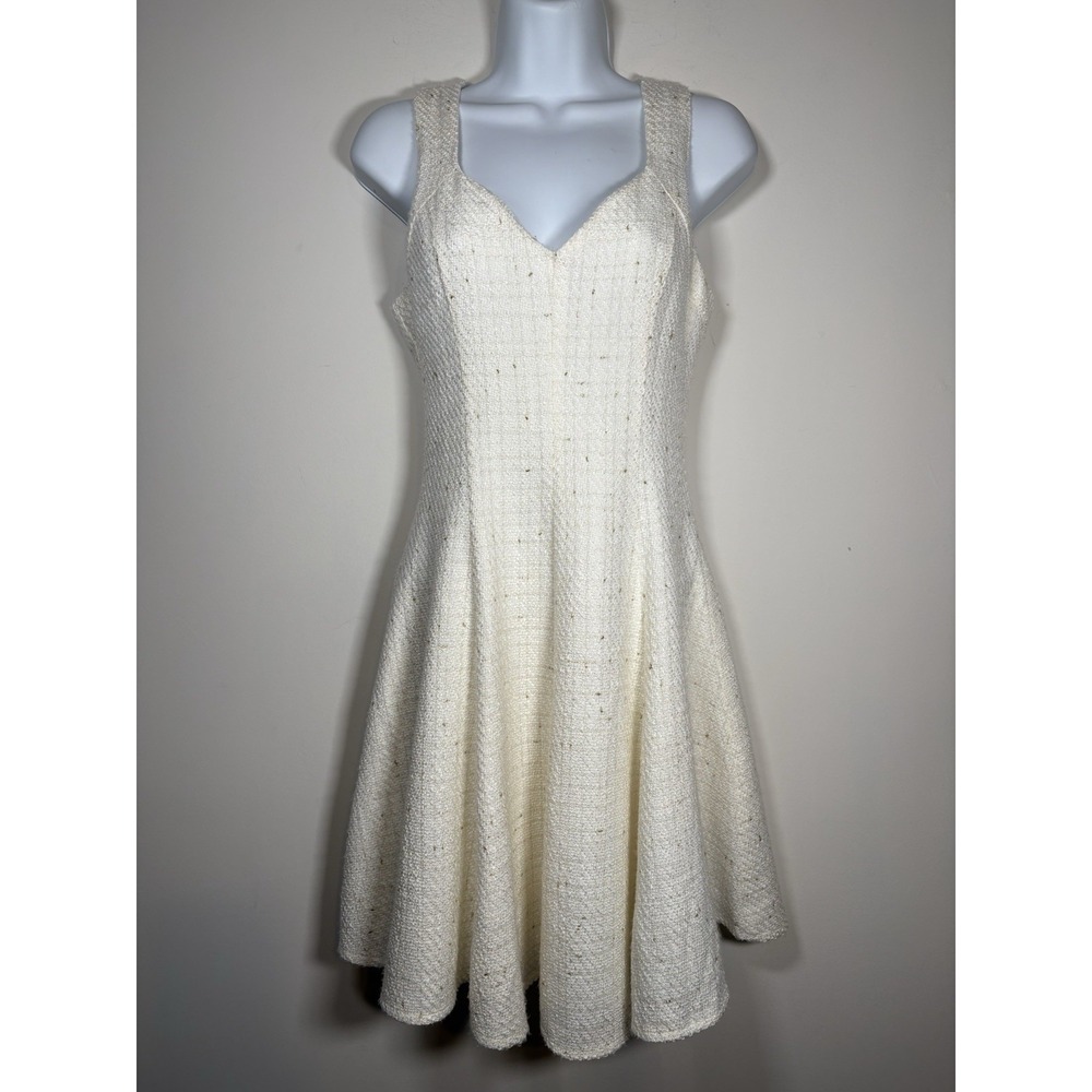 EVERLEIGH Tweed Cream Gold Sleeveless‎ Dress Size Small Preppy Classic Academia